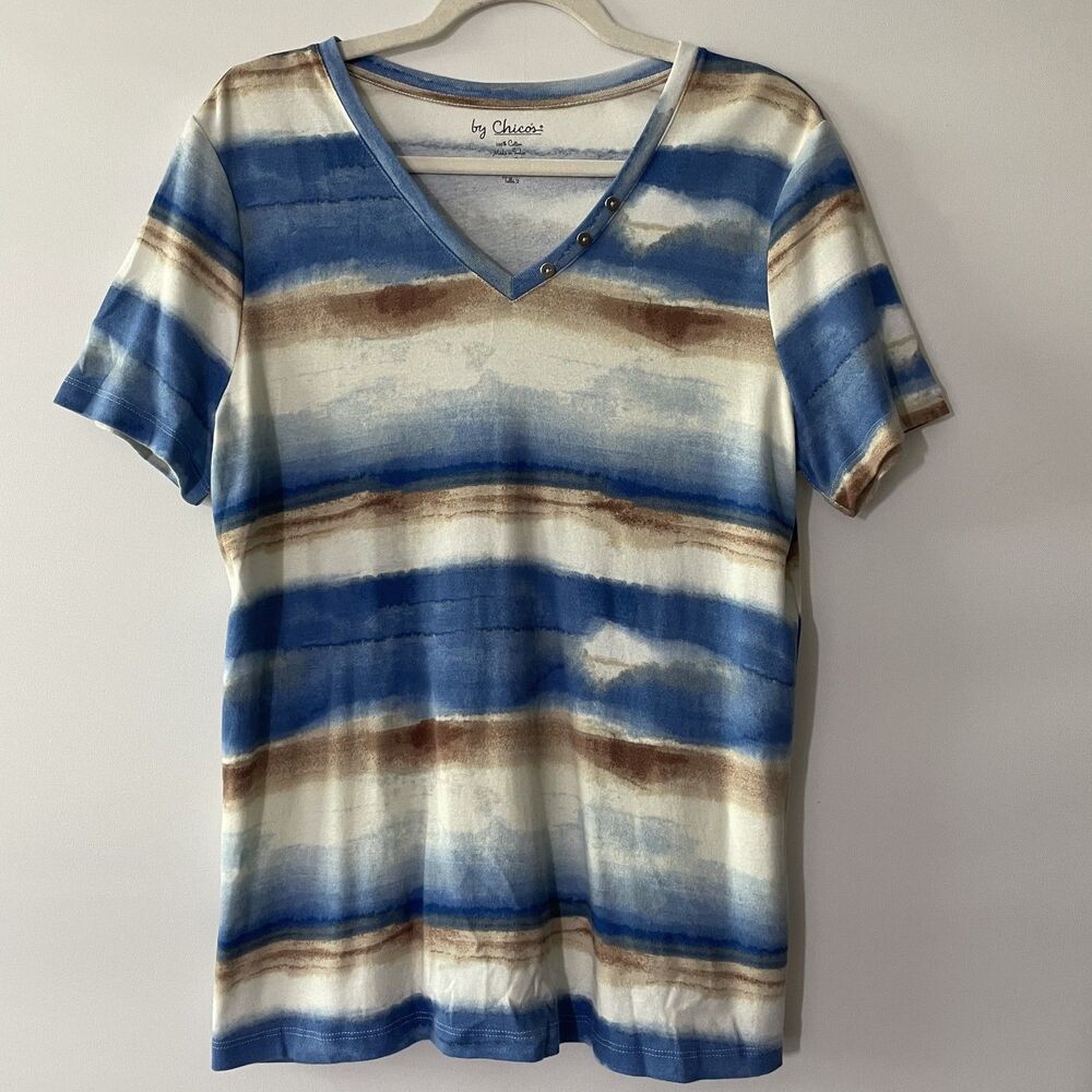 Chico's V-Neck Short Sleeve Striped Knit Top Blue Brown Women's Sz 2, US L-(dmp)